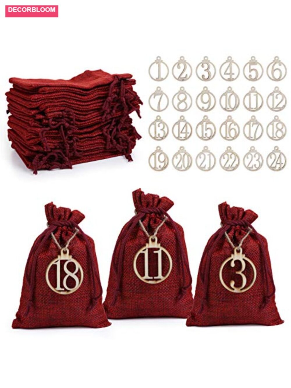 24 Day Linen Drawstring Advent Calendar Gift Bags with Wooden Numbers